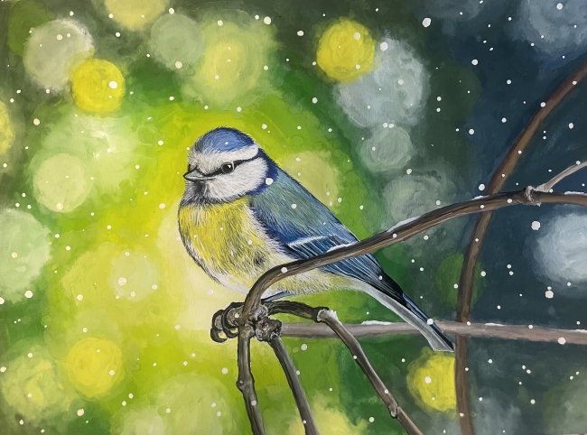 " Mésange sous la neige " gouache A4